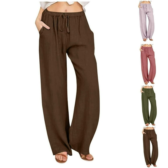 YUGYXL Women's Plus Size Long Pants Fashion Linen Straight Pants Drawstring Elastic Waist Loose Fit Trousers Holiday Beach Pants Green XL
