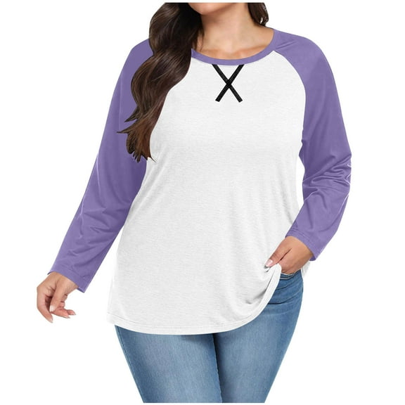 YUGYXL Women's Plus Size Raglan Shirts Fall Long Sleeve T-Shirt Casual Crewneck Basic Color Block Tee Tops Purple S