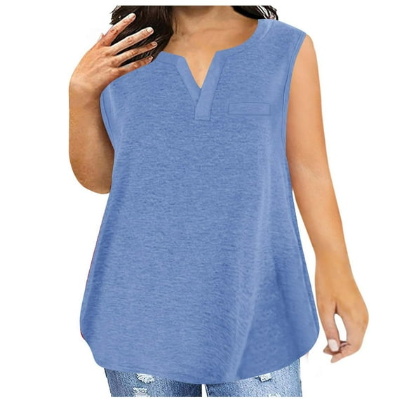 YUGYXL Women's Plus Size Sleeveless Tshirt Summer Ribbed Strappy V Neck Blouse Loose Fit Flowy Tank Tops Sky Blue,XXXXXL