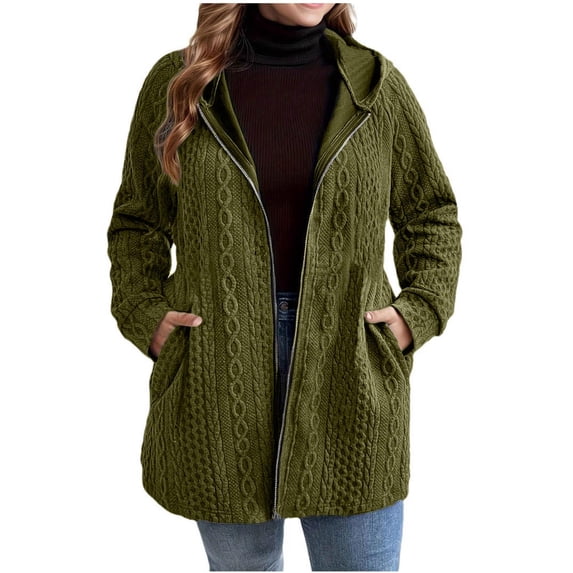 YUGYXL Women's Plus Size Textured Coats Zip Up Casual Hooded Long Sleeve Jacket with Pockets Fall Winter Solid Outerwear Army Green Jackets XL