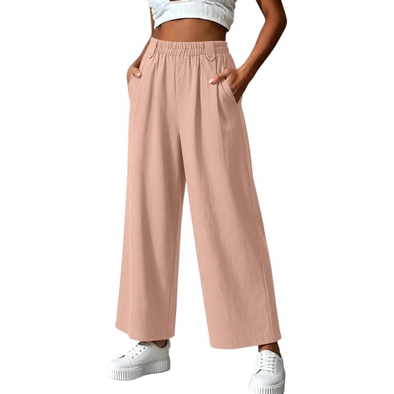 YUGYXL Women's Plus Size Wide Leg Pants Elastic High Waist Hide Drawstring Loose Work Pants Palazzo Trousers with Pockets Pink Pants M