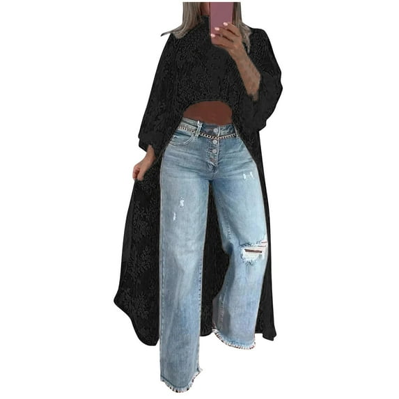 YUGYXL Women's Round Neck Lace Short Front and Long Back Casual Top Long Sleeve Blouse Women's High-Low Casual Top Black XXL
