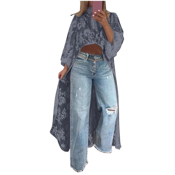 YUGYXL Women's Round Neck Lace Short Front and Long Back Casual Top Long Sleeve Blouse Women's High-Low Casual Top Gray M