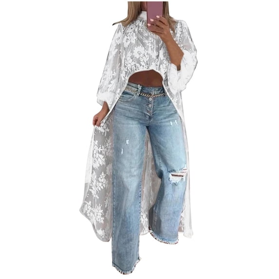 YUGYXL Women's Round Neck Lace Short Front and Long Back Casual Top Long Sleeve Blouse Women's High-Low Casual Top White M
