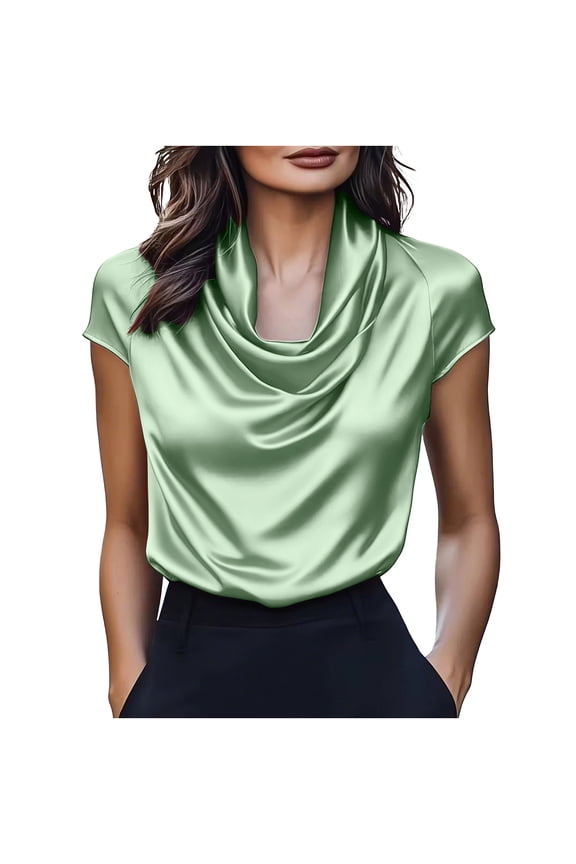 Women's Satin Cowl Neck Blouse Short Sleeve Shiny Silk Tops Dressy Work Office Shirts Elegant Going Out Tee Green XL