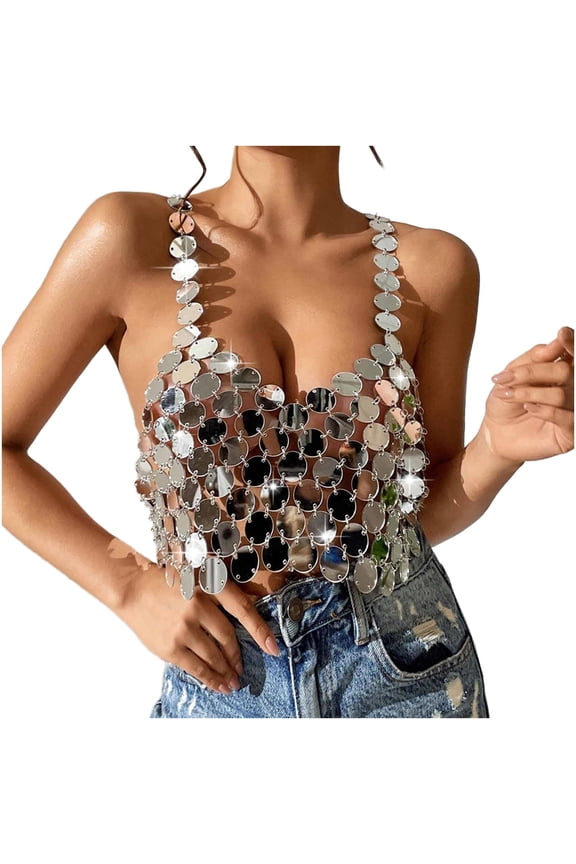 Women's Sequin Body Chains Crop Tops Crystal Bra See Through Mesh Shirts Raves Party Night Out Clubwear Silver Free Size
