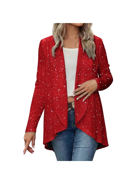 Women's Sequin Cardigan Casual Long Sleeve Shinny Coat Open Front Sparkle Outwear Party Evening Glitter Cardigans Red Cardigans