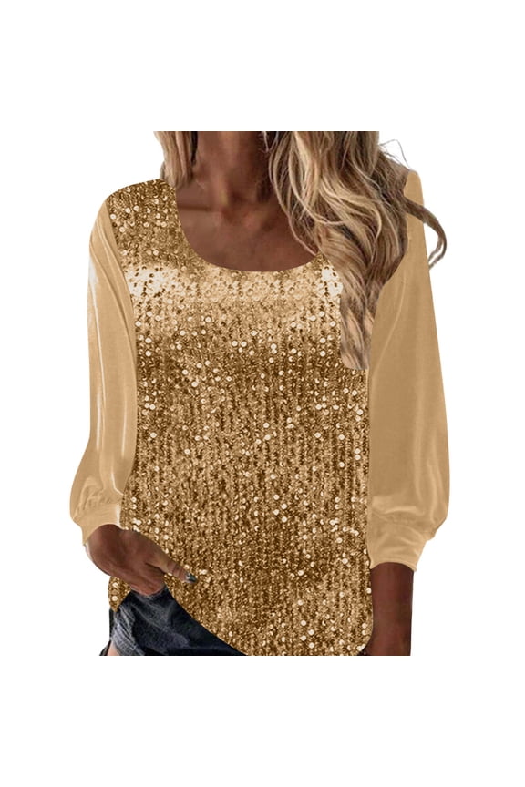 Women's Sequin Tops Sheer Long Sleeve Glitter Sparkly Party Blouse Velvet V-Neck Dressy Tops for Evening Disco Gold M