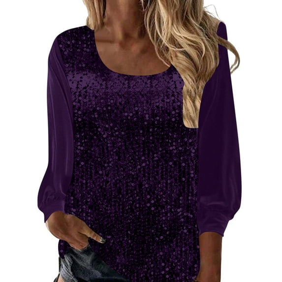 YUGYXL Women's Sequin Tops Sheer Long Sleeve Glitter Sparkly Party Blouse Velvet V-Neck Dressy Tops for Evening Disco Purple XL