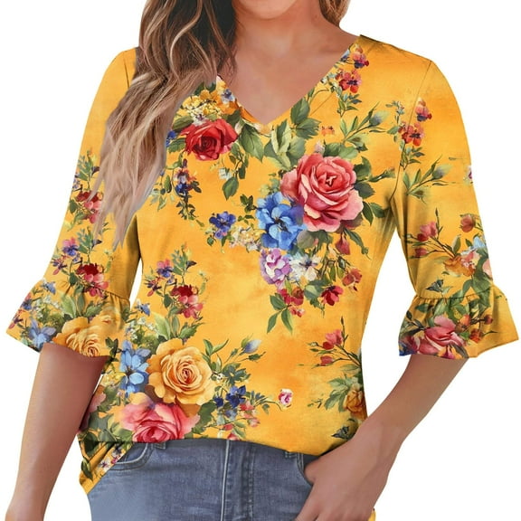 YUGYXL Women's Shirts 3/4 Sleeve V Neck Bell Sleeve Tshirts Ladies Comfy Tunics Blouses Trendy Graphic Tees Sales C Multicolor S