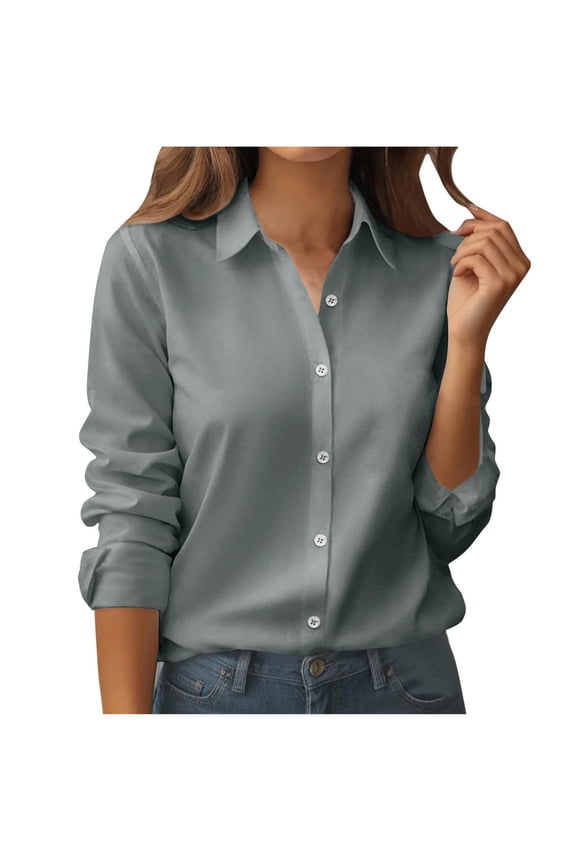 Women's Shirts Dressy Casual Loose Fit Long Sleeve Tops Fall Button Down Shirt Office Work Collared Blouse Gray L
