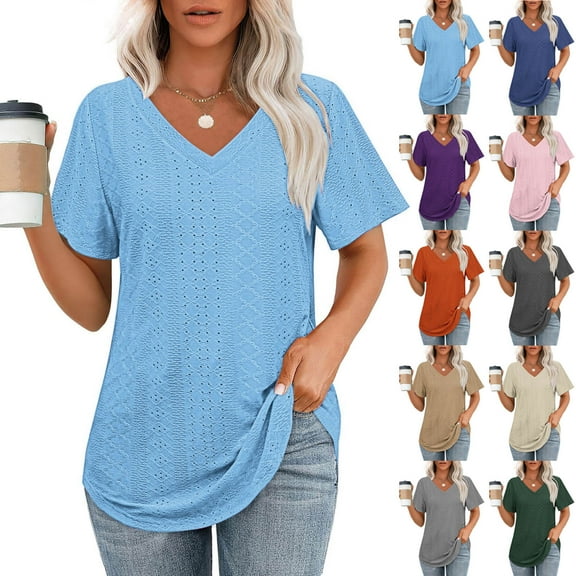 YUGYXL Women's Shirts Short Sleeve Hollow Out Tshirts for Women Dressy V Neck Breathable Blouses Ladies Comfy Tops Holiday Tees Purple S