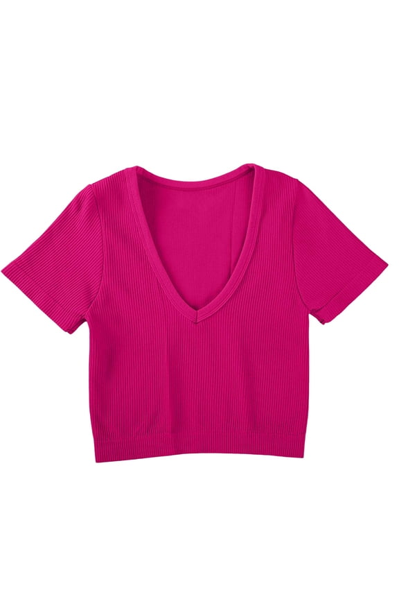 Women's Short Length Fitted V Neck Ribbed High Elasticity Bustier Short Sleeve Top plus Size Tee Shirts Hot Pink Top M