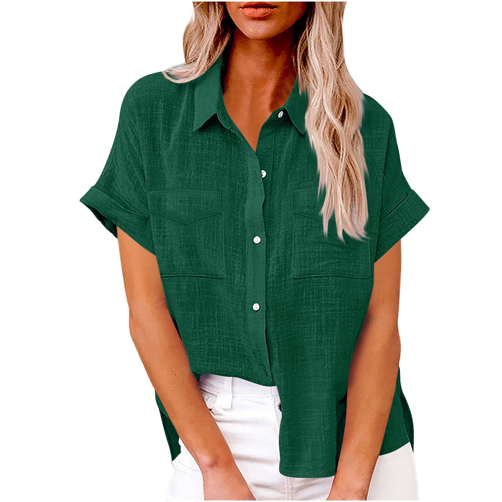 Women's Short Sleeve Button Down Shirt Comfy Solid Collared V Neck Blouse with Pockets Summer Cotton Linen Tops Loose Fit Casual Dressy Clothes