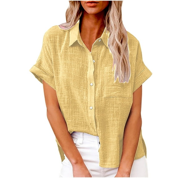 YUGYXL Women's Short Sleeve Button Down Shirt Comfy Solid Color Collared V Neck Blouse Summer Plus Size Cotton Linen Tops Loose Fit Casual Dressy Clothes