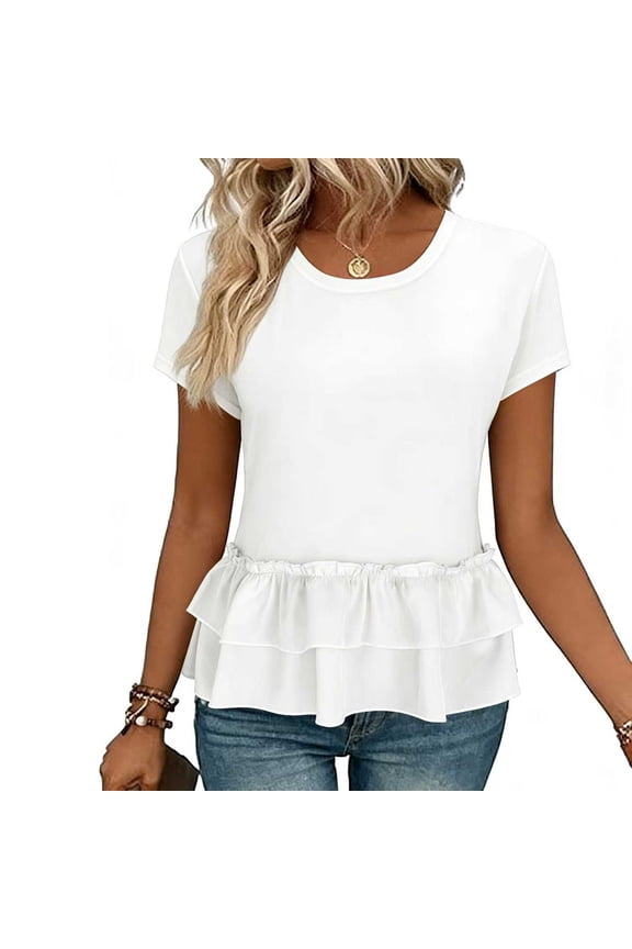 Women's Short Sleeve Peplum Top Ruffled Hem Crew Neck Casual Cute Summer Blouse Solid Color Loose Fashion Tunics White L