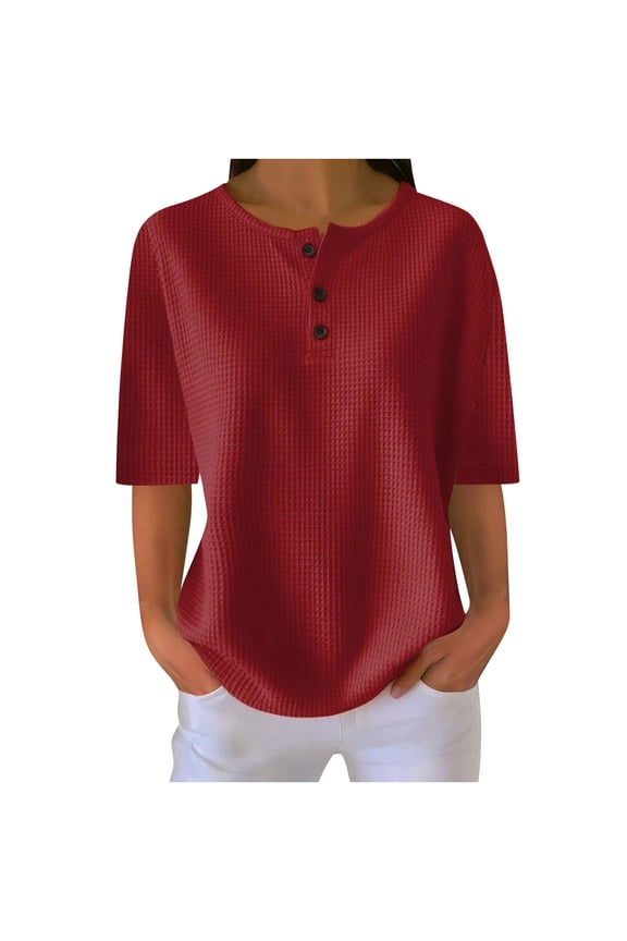 Women's Short Sleeve Waffle Knit Shirts Plus Size Dressy Casual Loose Button Henley Tops Fall Winter Fashion Blouse Red XXXXL