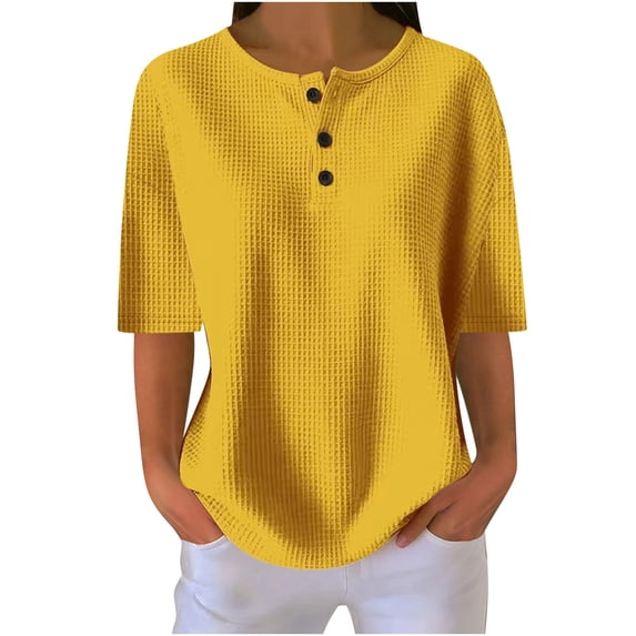 YUGYXL Women's Short Sleeve Waffle Knit Shirts Plus Size Dressy Casual Loose Button Henley Tops Fall Winter Fashion Blouse Yellow XXL