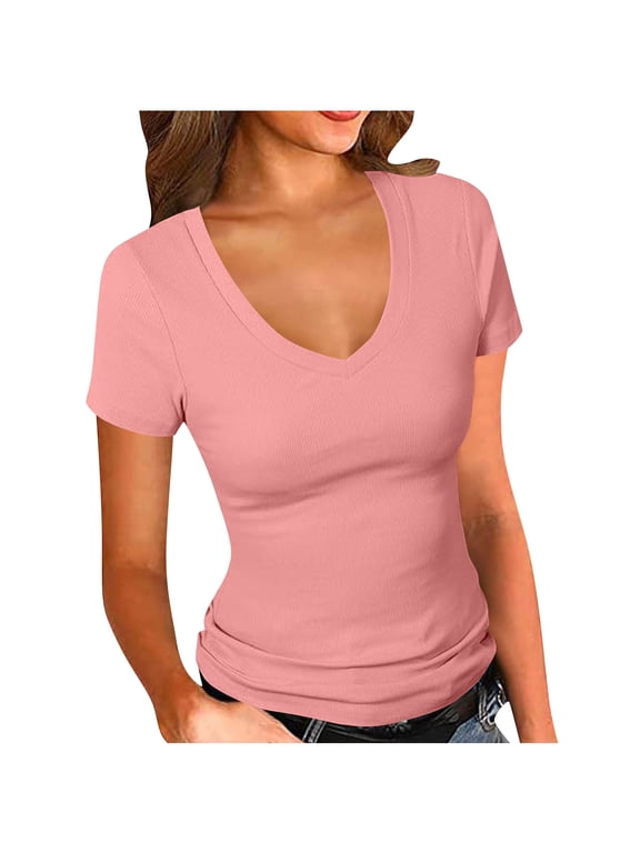 Women's Short Sleeves Ribbed Fitted Shirt Basic V Neck Slim T Shirt Tops Ladies Tunics Comfy Tees Pink XL