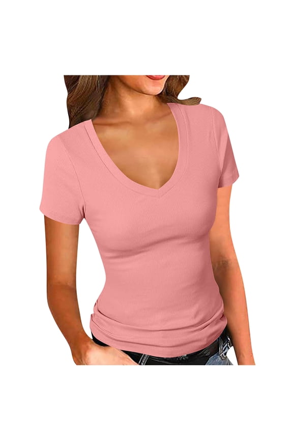 Women's Short Sleeves Ribbed Fitted Shirt Basic V Neck Slim T Shirt Tops Ladies Tunics Comfy Tees Pink XL