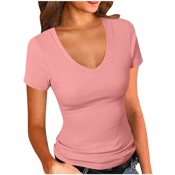 YUGYXL Women's Short Sleeves Ribbed Fitted Shirt Basic V Neck Slim T Shirt Tops Ladies Tunics Comfy Tees Pink XL