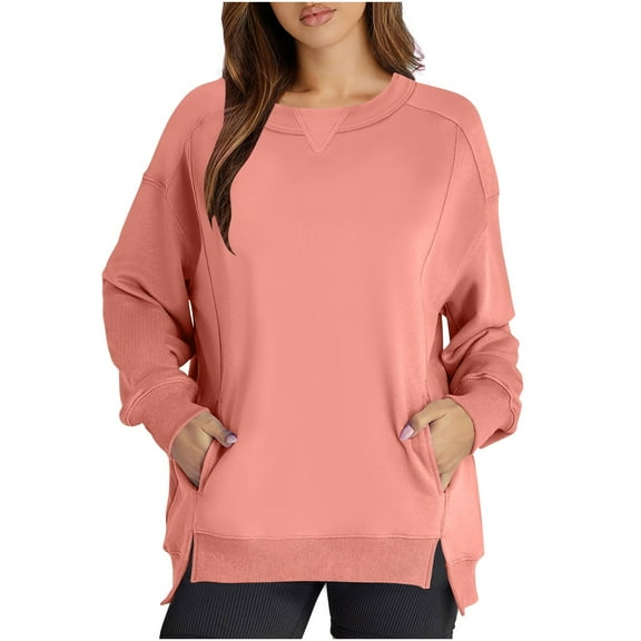 YUGYXL Women's Side Split Pullover Solid Color Long Sleeve Sweatshirts Irregular Hem Fall Winter Hoodies with Pockets Pink XXL