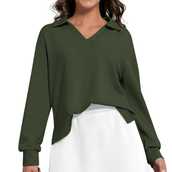 YUGYXL Women's Side Split Sweatshirt Lounge Solid Color Long Sleeve Clothes V Neck Collared Blouses Army Green M