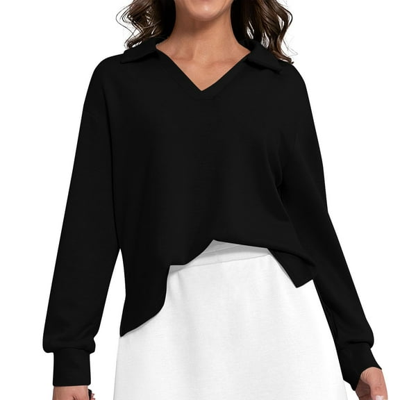 YUGYXL Women's Side Split Sweatshirt Lounge Solid Color Long Sleeve Clothes V Neck Collared Blouses Black S