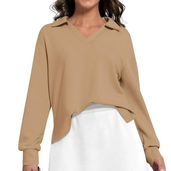 YUGYXL Women's Side Split Sweatshirt Lounge Solid Color Long Sleeve Clothes V Neck Collared Blouses Khaki XXL