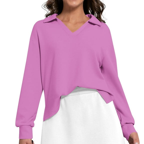 YUGYXL Women's Side Split Sweatshirt Lounge Solid Color Long Sleeve Clothes V Neck Collared Blouses Pink XXL