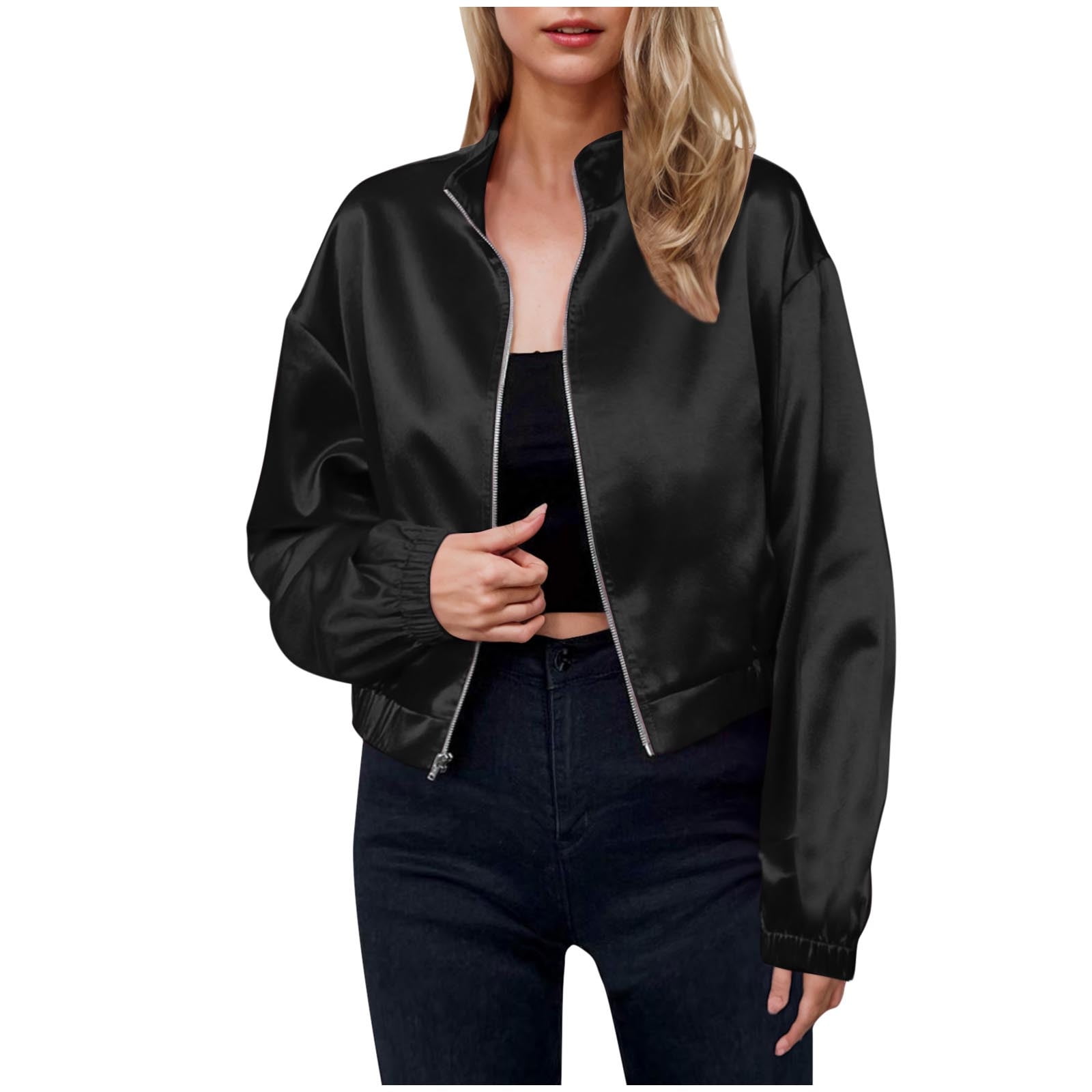 YUGYXL Women's Silk Satin Jackets Dressy Full Zip Stand Collar