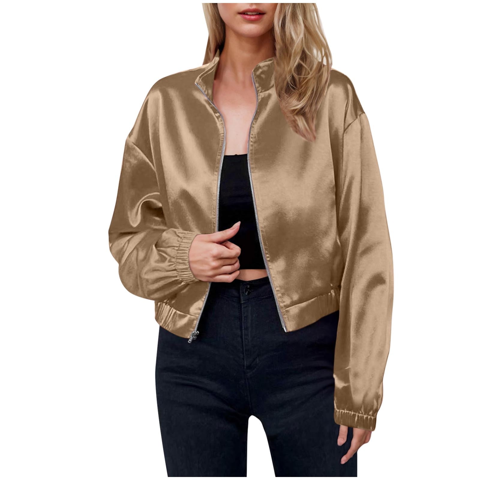 YUGYXL Women's Silk Satin Jackets Dressy Full Zip Stand Collar