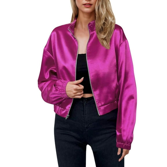 YUGYXL Women's Silk Satin Jackets Dressy Full Zip Stand Collar Loose Long Sleeve Crop Sports Coat Outerwear Purple L
