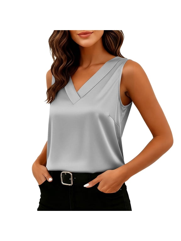 Women's Silk Satin Tank Tops Sleeveless Business Blouses Dressy V Neck Camisole Work Shirts Summer Outfits Gray L