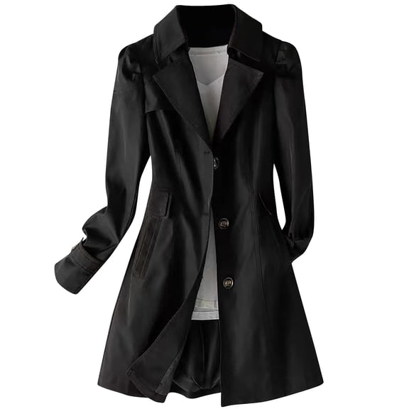 YUGYXL Women's Single Breasted Mid-Length Trench Coat Puff Sleeve Lapel Overcoat Windproof Classic Outerwear Black XL