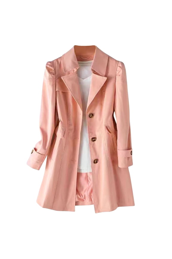 Women's Single Breasted Mid-Length Trench Coat Puff Sleeve Lapel Overcoat Windproof Classic Outerwear Pink L
