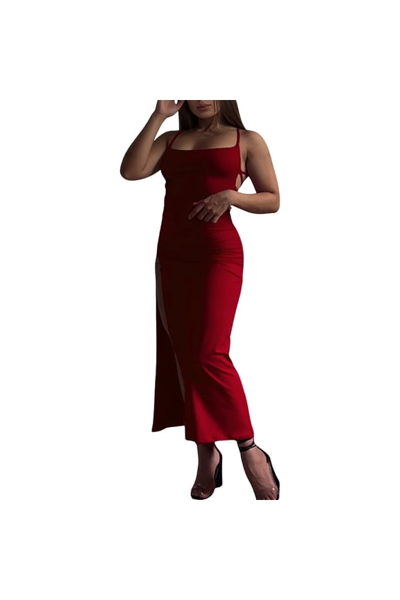 Women's Sleeveless Bodycon Dress Square Neck Spaghetti Strap Backless Side Split Summer Maxi Long Dresses Red M