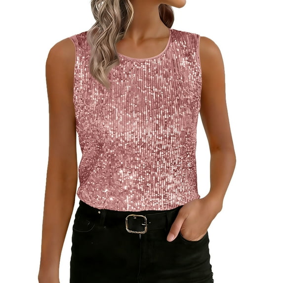 YUGYXL Women's Sleeveless Sequins Shirts Loose Crew Neck Sparkle Tank Tops Dressy Business Casual Party Blouse Pink XL