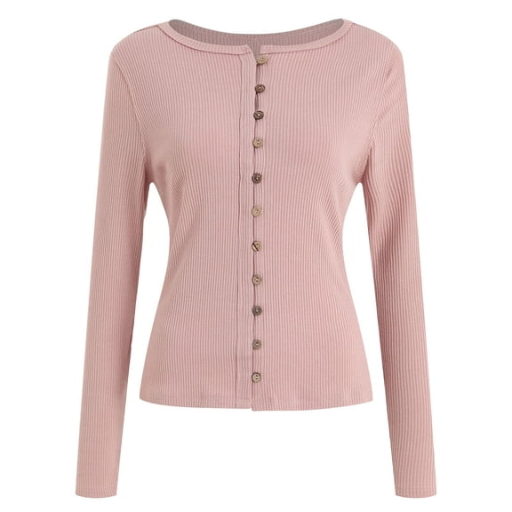 YUGYXL Women's Slim Fit Ribbed Knit Cardigan Y2K Button Down Collared Casual Sweater Long Sleeve Cropped Pullover Tops Pink Sweatshirt S