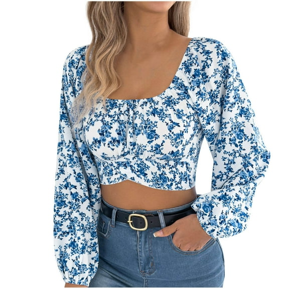 YUGYXL Women's Small Flower Print Square Neck Frill Long Sleeve Bodysuit Shirt Tops Blue XL