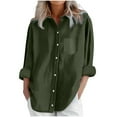 thumbnail image 1 of YUGYXL Women's Solid Collared Linen Shirts Lightweight Fall Winter Tops Long Sleeve Button Down Casual Blouses Army Green XL, 1 of 8