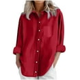 thumbnail image 1 of YUGYXL Women's Solid Collared Linen Shirts Lightweight Fall Winter Tops Long Sleeve Button Down Casual Blouses Red L, 1 of 8