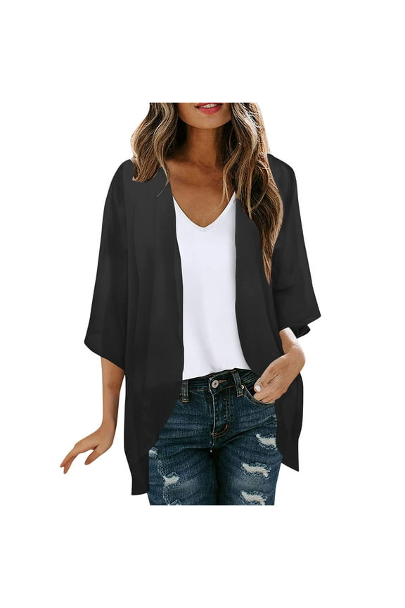 Women's Solid Color Chiffon Kimono Cardigans Lightweight 3/4 Sleeve Draped Capes Hawaii Vacation Beach Cover Up Summer Sheer Open Front Outwear