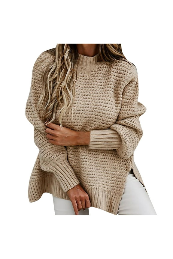 Women's Split Hem Sweater Comfy Crew Neck Long Sleeve Ribbed Knitted Tops Soft Oversized Sweaters Fall Khaki XXL