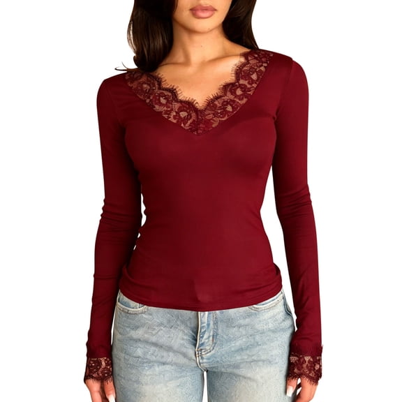 YUGYXL Women's Spring Fall Long Sleeve Shirts Lace V Neck Slim Fit Basic Tee Tops Casual Comfy Solid Color Blouse Red XL