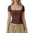thumbnail image 1 of YUGYXL Women's Square Neck Short Sleeve Double-Layer Tops Basic Slim Fit Going Out T Shirt Coffee S, 1 of 6
