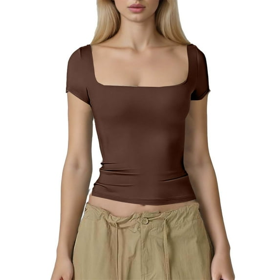 YUGYXL Women's Square Neck Short Sleeve Double-Layer Tops Basic Slim Fit Going Out T Shirt Coffee S