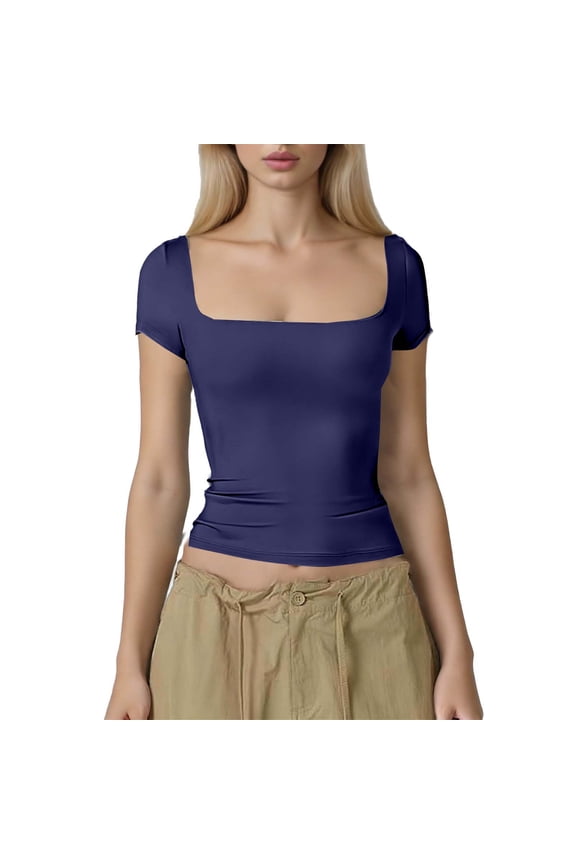 Women's Square Neck Short Sleeve Double-Layer Tops Basic Slim Fit Going Out T Shirt Navy XS