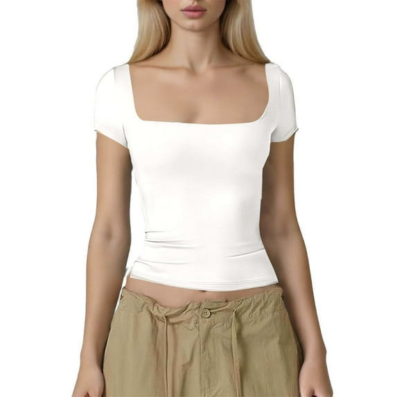 YUGYXL Women's Square Neck Short Sleeve Double-Layer Tops Basic Slim Fit Going Out T Shirt White M