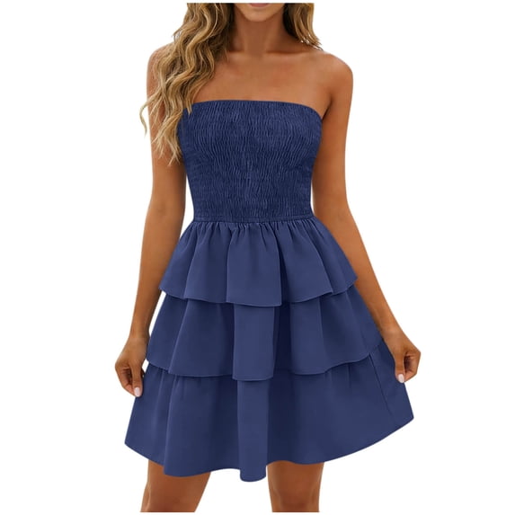 YUGYXL Women's Strapless Smocked Tube Dress Off Shoulder Ruffle Tiered Flowy Beach Boho Mini Sundress Summer Vacation Outfits Blue L